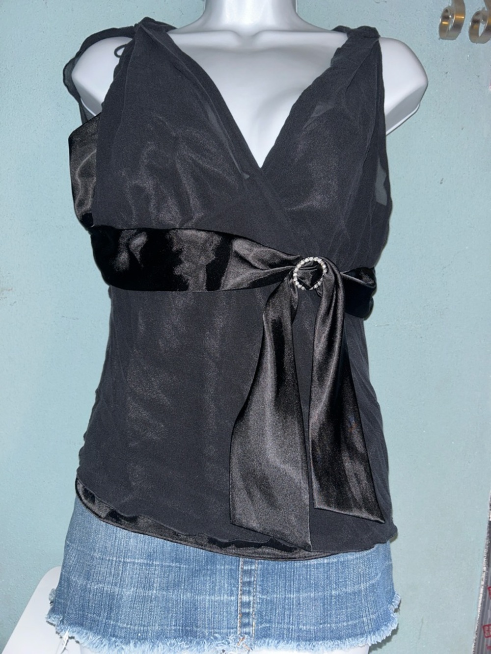 Y2K Black Satin mesh top bow detail